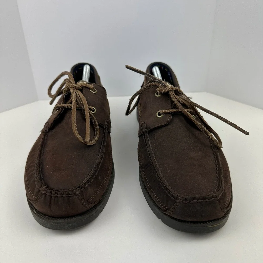 Timberland Mens Boat Shoes Dark Brown Leather Moc Toe Loafers Nautical Size 10